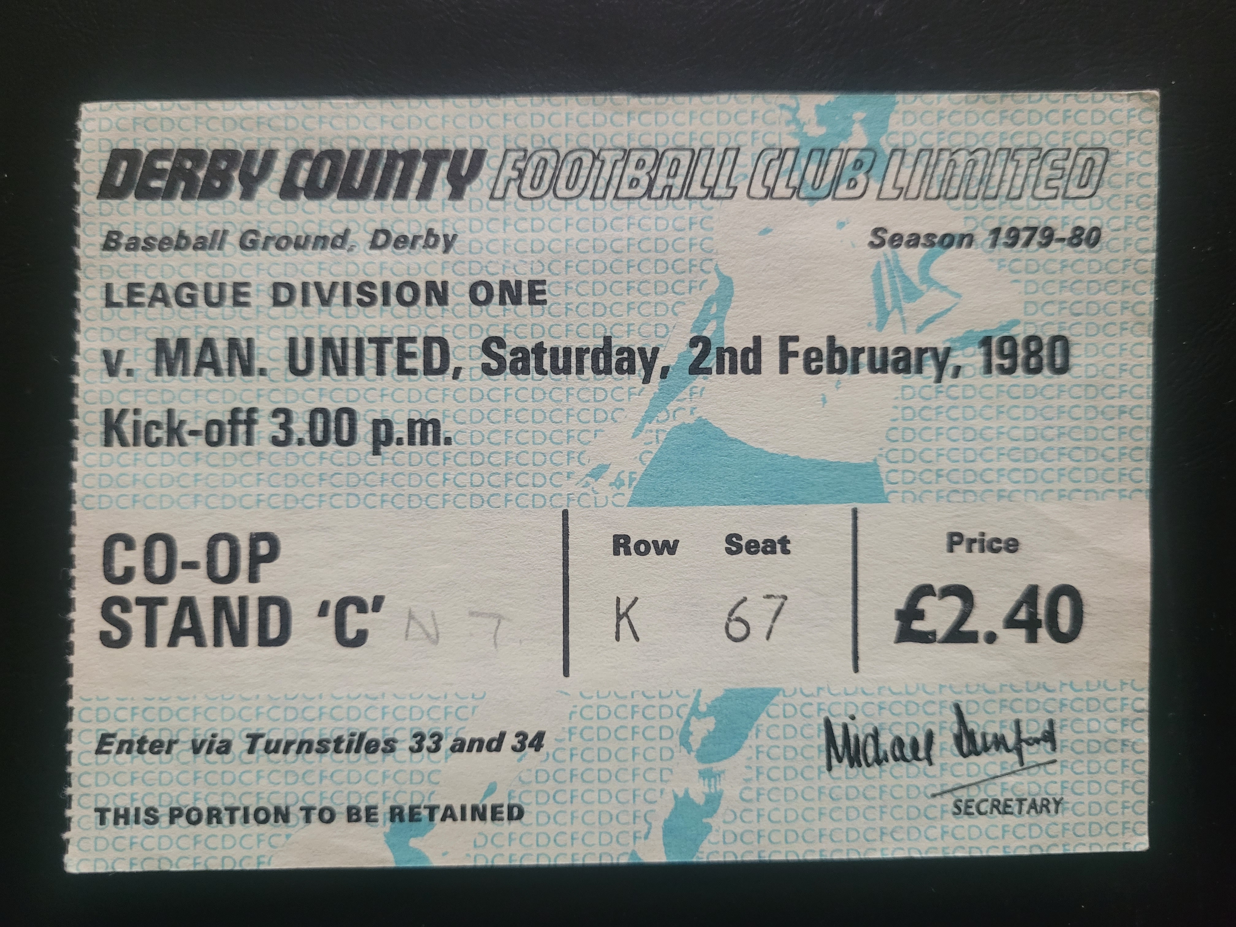 1979-80 DERBY COUNTY V MANCHESTER UNITED TICKET