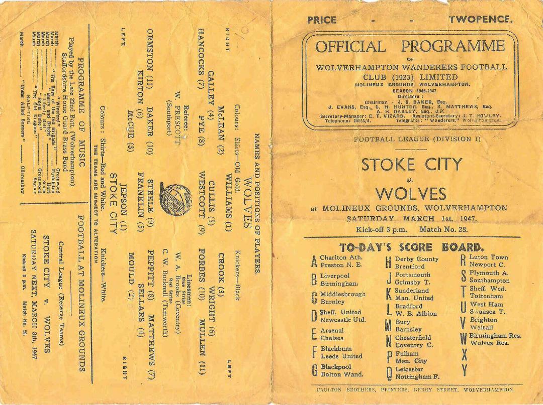 1946-47 WOLVERHAMPTON WANDERERS V STOKE CITY