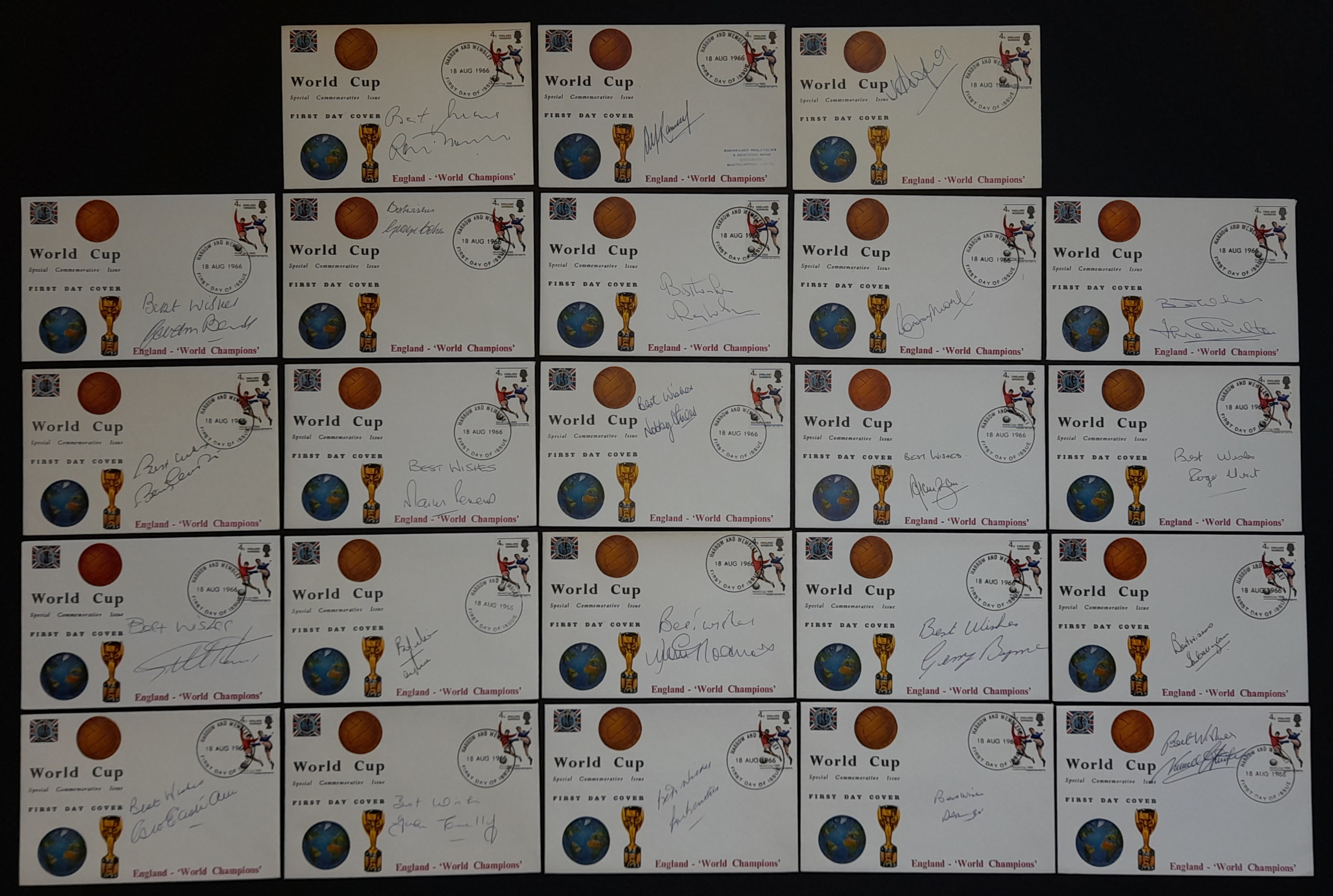 ENGLAND 1966 WORLD CUP WINNERS FULL SET OF 23 AUTOGRAPHED REMBRANDT POSTAL COVERS