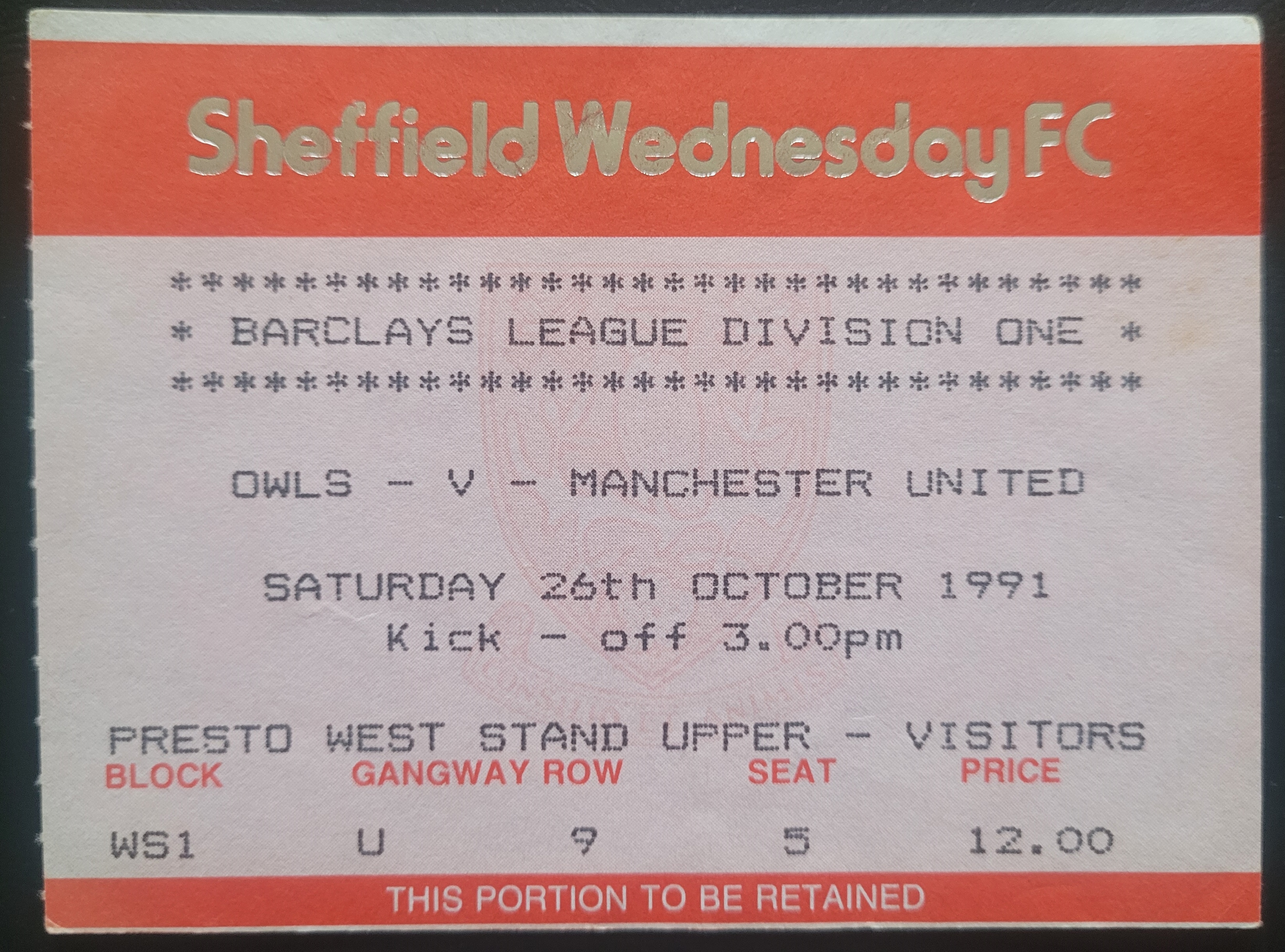 1991-92 SHEFFIELD WEDNESDAY V MANCHESTER UNITED TICKET