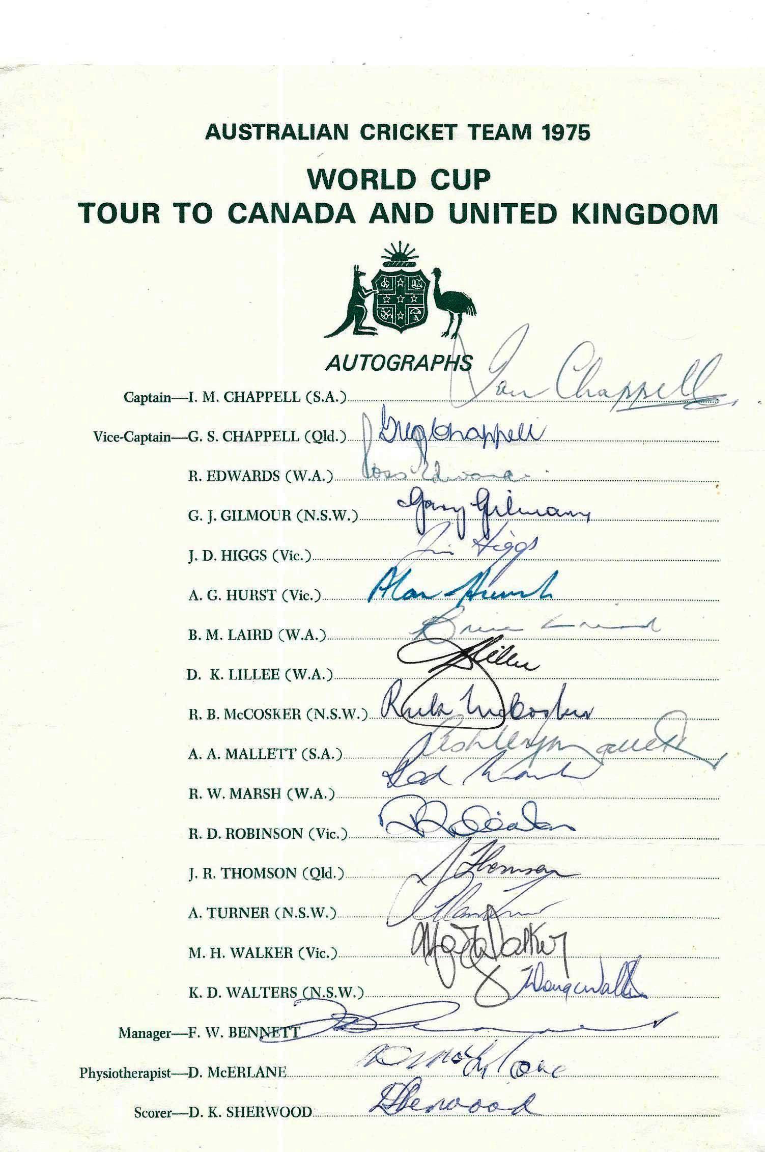 CRICKET 1975 AUSTRALIA TOUR TO CANADA & UK FULLY SIGNED OFFICIAL AUTOGRAPH SHEET