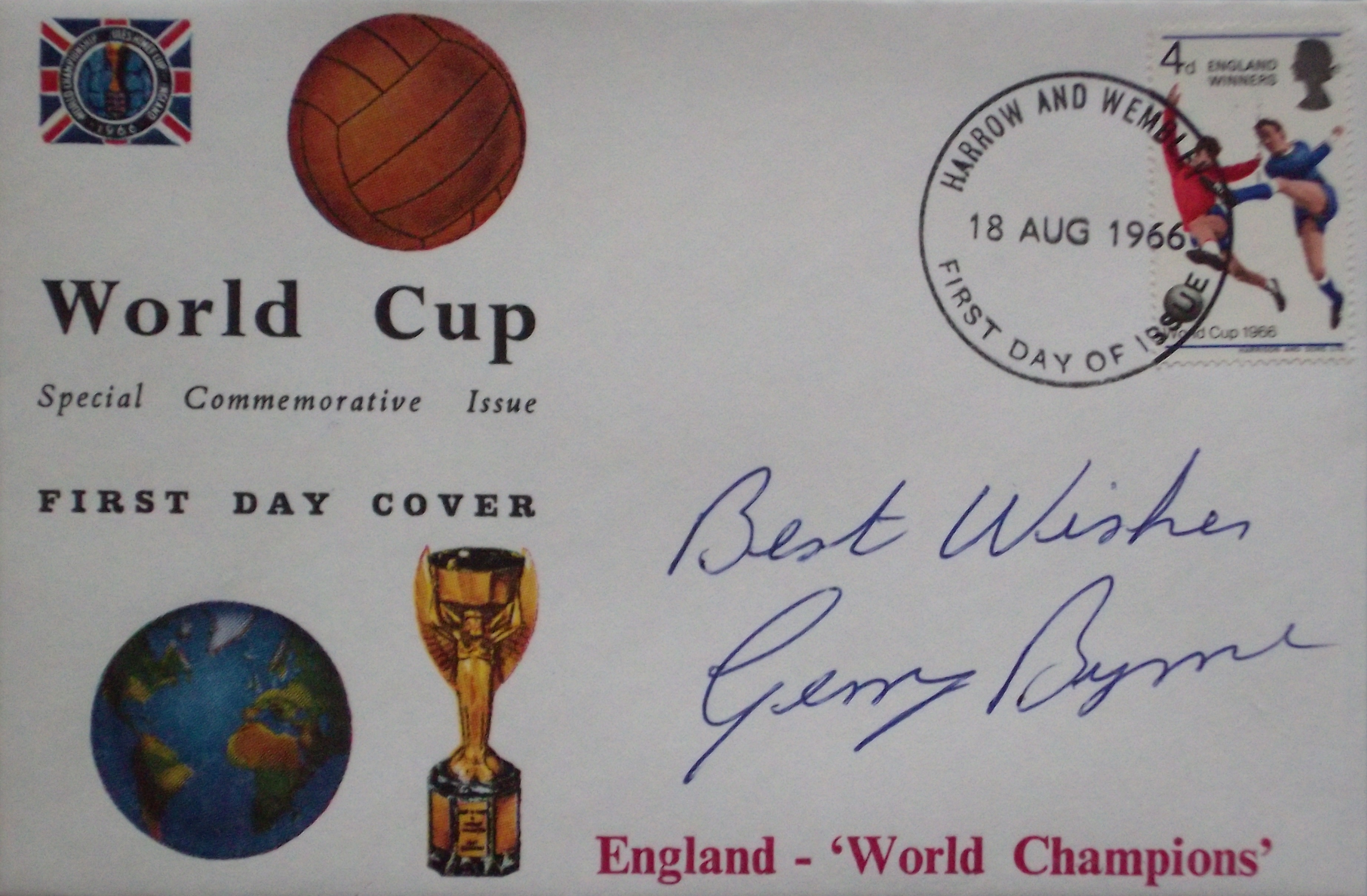 ENGLAND 1966 WORLD CUP RARE REMBRANDT POSTAL COVER AUTOGRAPHED BY GERRY BYRNE