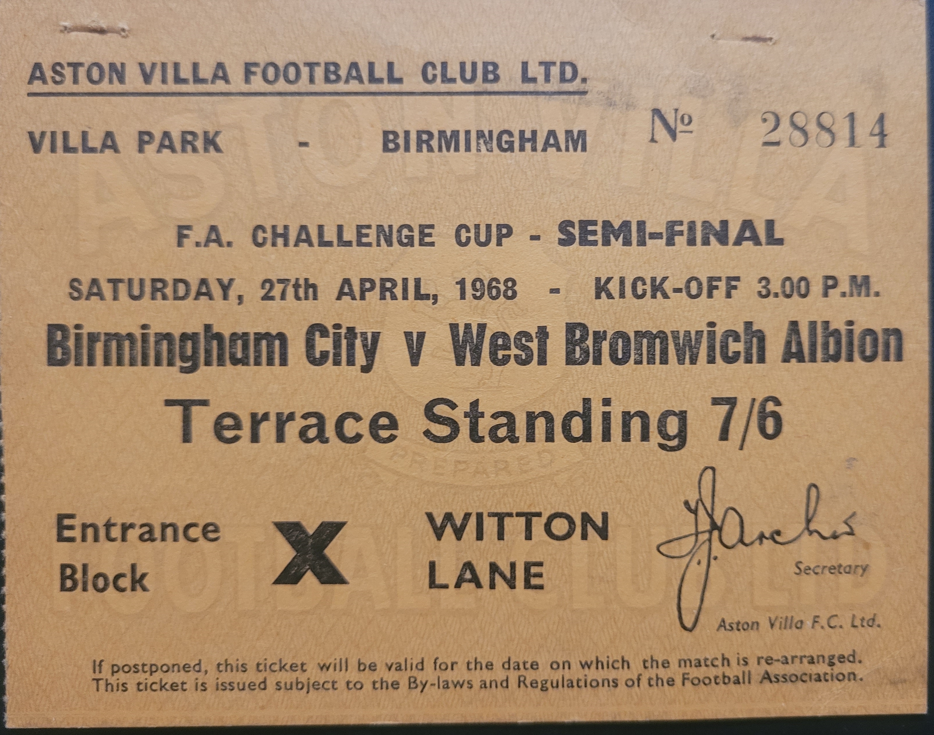 1968 FA CUP SEMI-FINAL BIRMINGHAM CITY V WEST BROMWICH ALBION TICKET