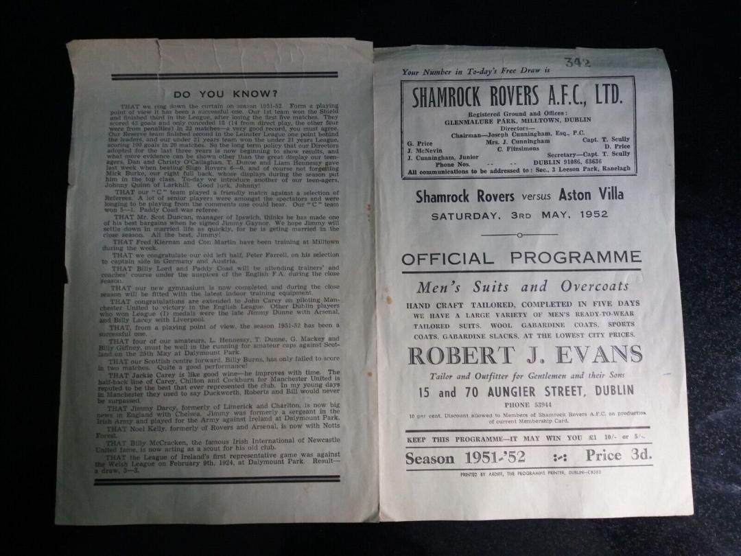 1952 SHAMROCK ROVERS V ASTON VILLA FRIENDLY