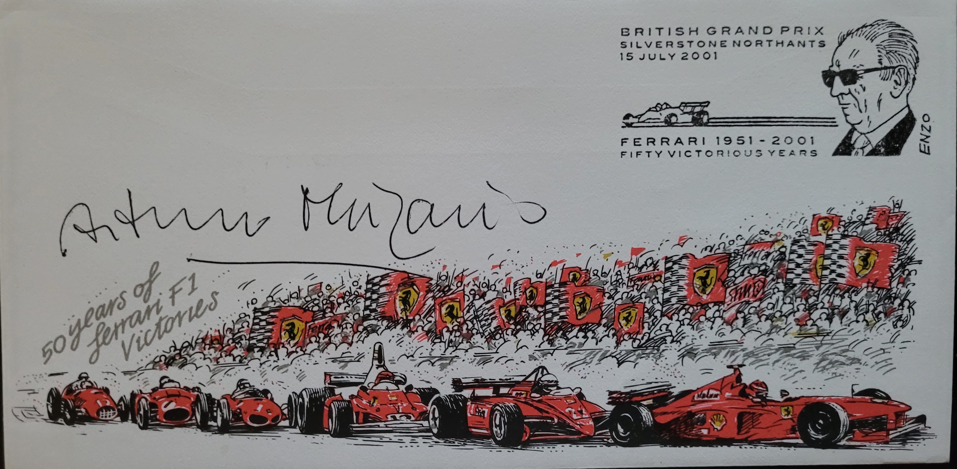 2001 FERRARI MOTOR RACING LTD EDITION POSTAL COVER AUTOGRAPHED BY ARTURO MERZARIO