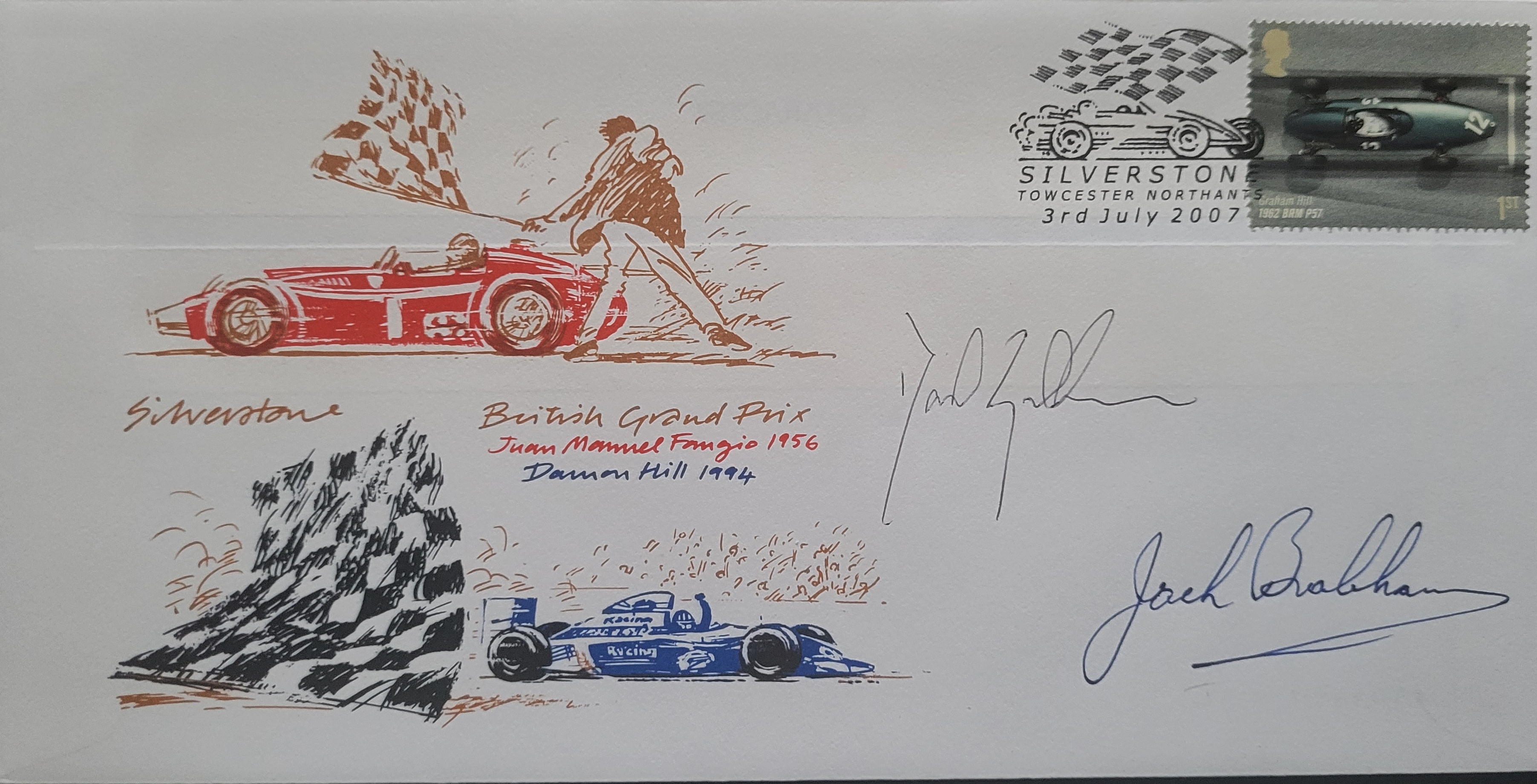 2007 SLVERSTONE MOTOR RACING LTD EDITION POSTAL COVER AUTOGRAPHED BY SIR JACK & DAVID BRABHAM