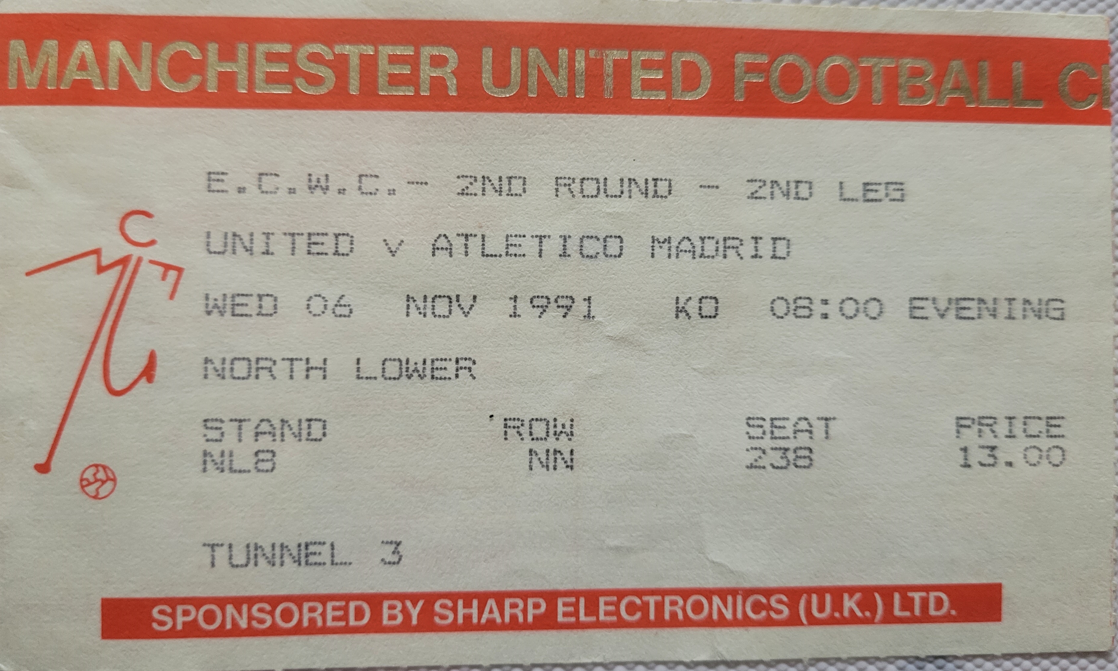 1991-92 MANCHESTER UNITED V ATLETICO MADRID ECWC TICKET