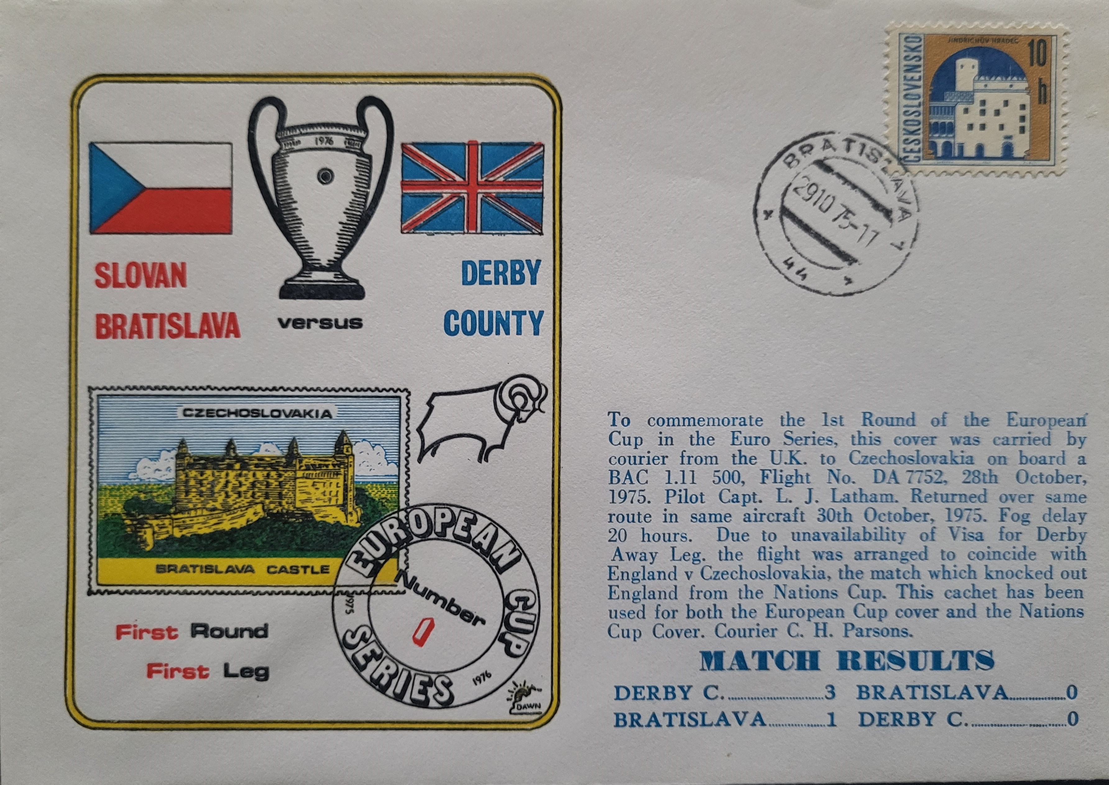 1975 REAL SLOVAN BRATISLAVA V DERBY COUNTY EUROPEAN CUP POSTAL COVER