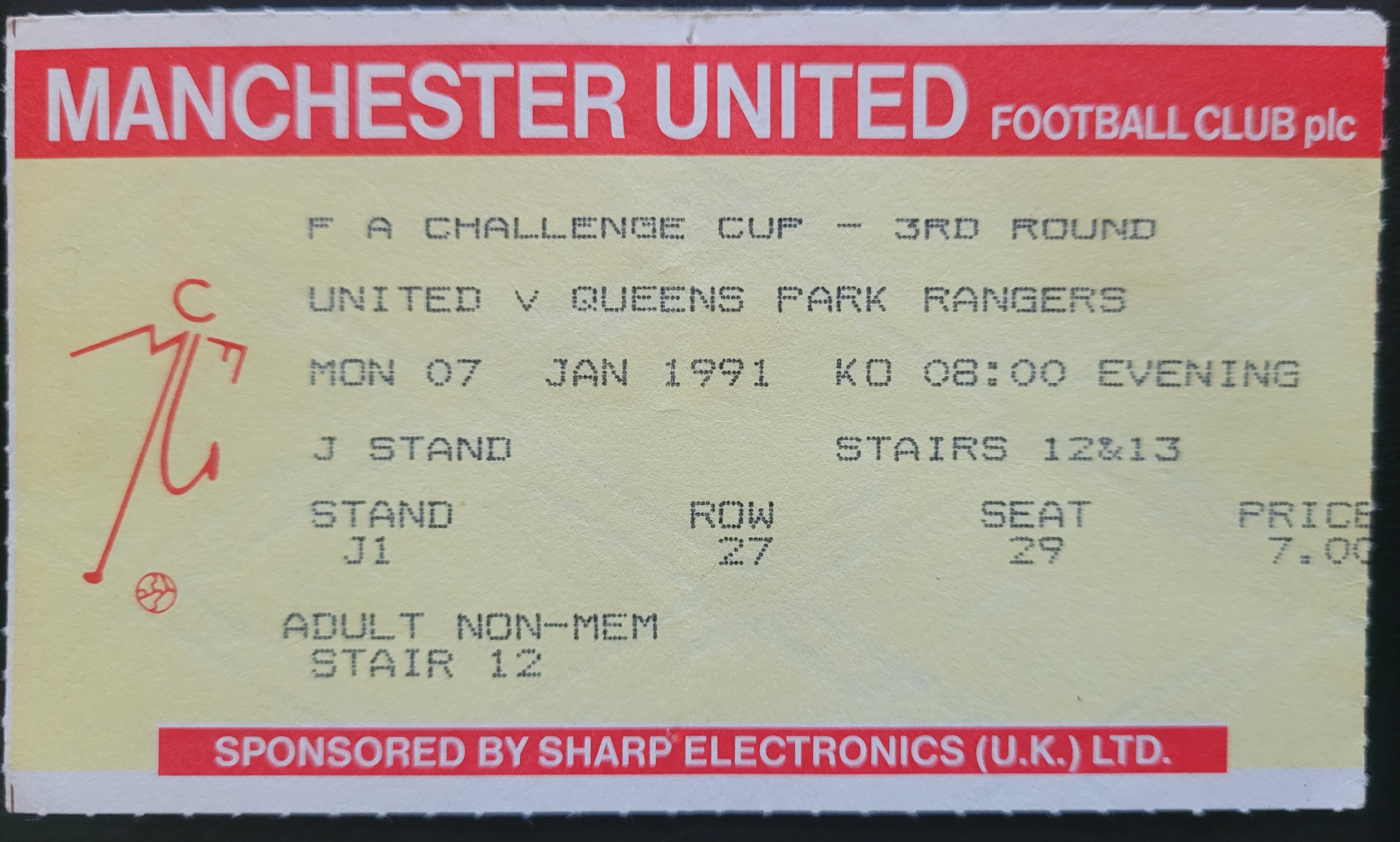 1990-91 MANCHESTER UNITED V QUEENS PARK RANGERS FA CUP 3RD ROUND TICKET