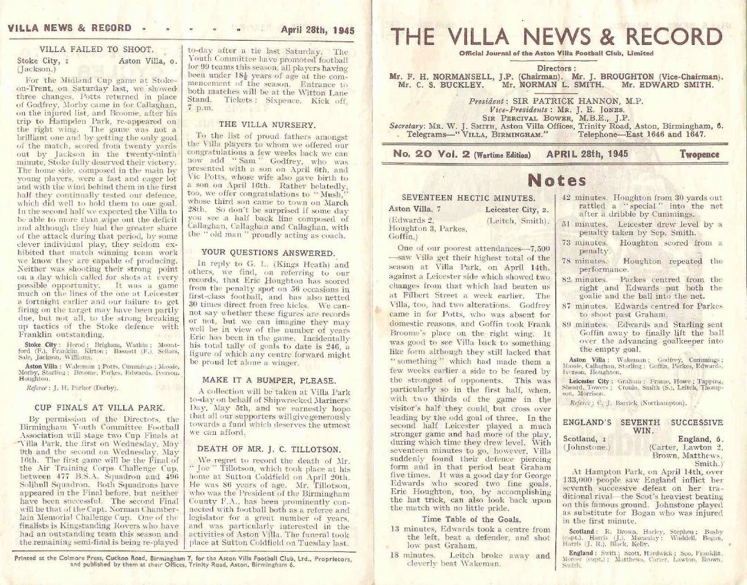 1944-45 ( APRIL ) ASTON VILLA V STOKE CITY NORTH & MIDLAND WAR CUP