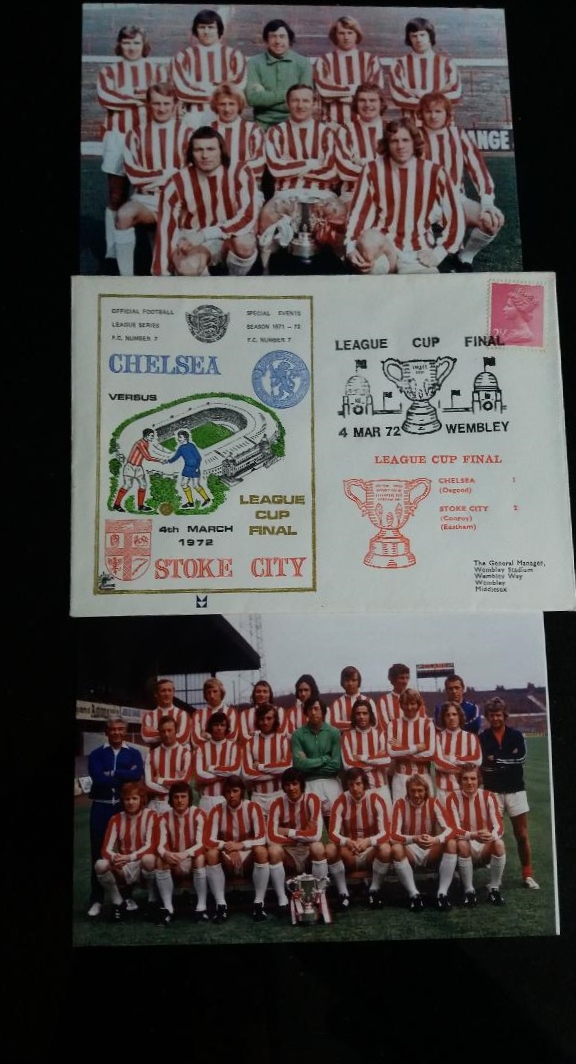 1972 STOKE CITY LEAGUE CUP WINNERS POSTAL COVER & 2 QUALITY REPRINT PHOTO'S