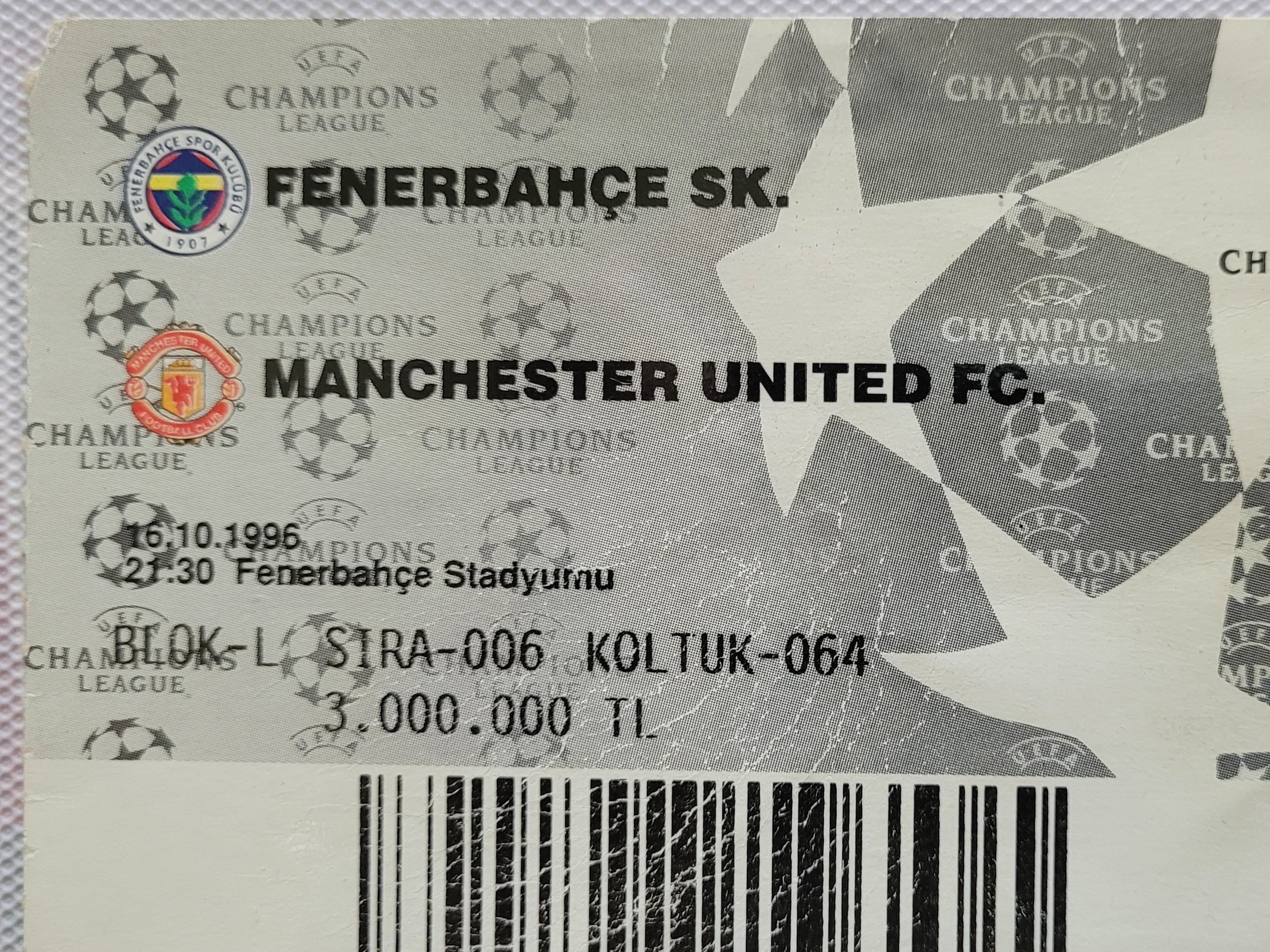 1996-97 FENERBAHCE V MANCHESTER UNITED CHAMPIONS LEAGUE TICKET