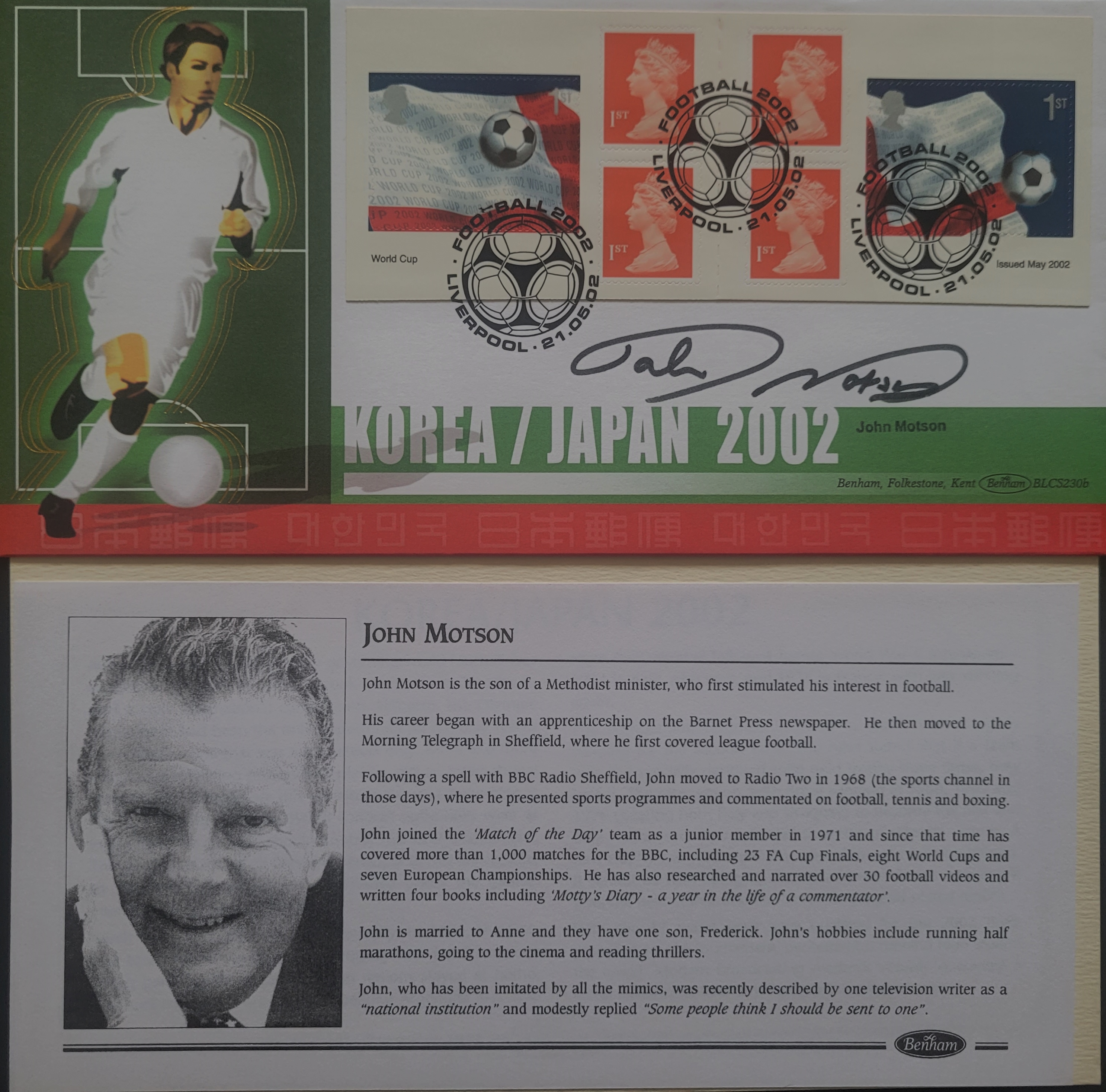 LIMITED EDITION 2002 WORLD CUP POSTAL COVER AUTOGRAPHED BY JOHN MOTSON