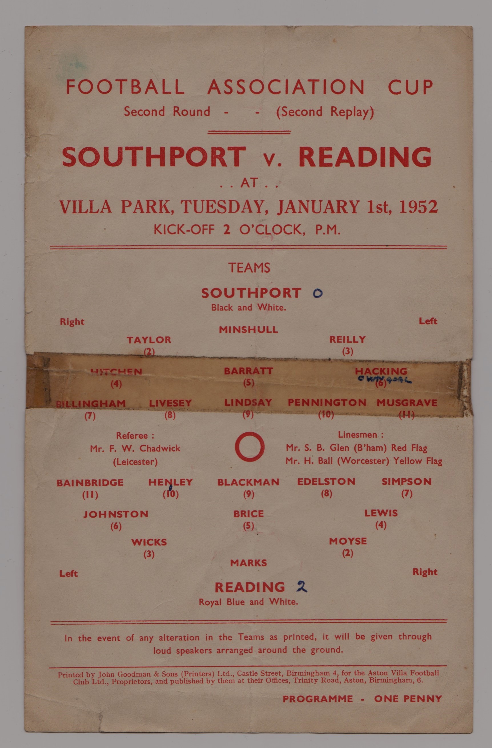1951/52 F.A. CUP SOUTHPORT V READING 2ND REPLAY @ ASTON VILLA SINGLE SHEET