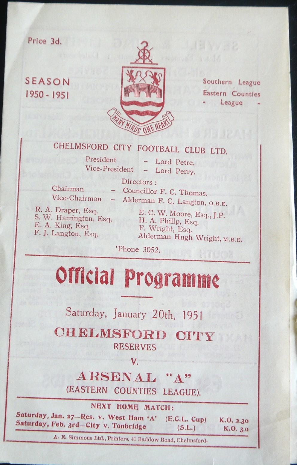 1950-51 CHELMSFORD CITY RESERVES V ARSENAL 'A'