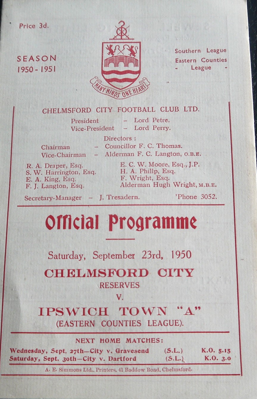 1950-51 CHELMSFORD CITY RESERVES V IPSWICH TOWN 'A'