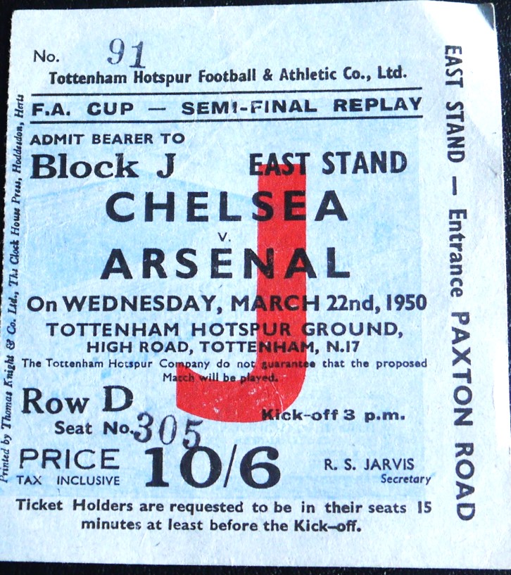 1950 FA CUP SEMI-FINAL REPLAY ARSENAL V CHELSEA TICKET