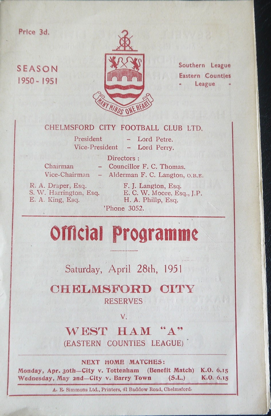 1950-51 CHELMSFORD CITY RESERVES V WEST HAM UNITED 'A'