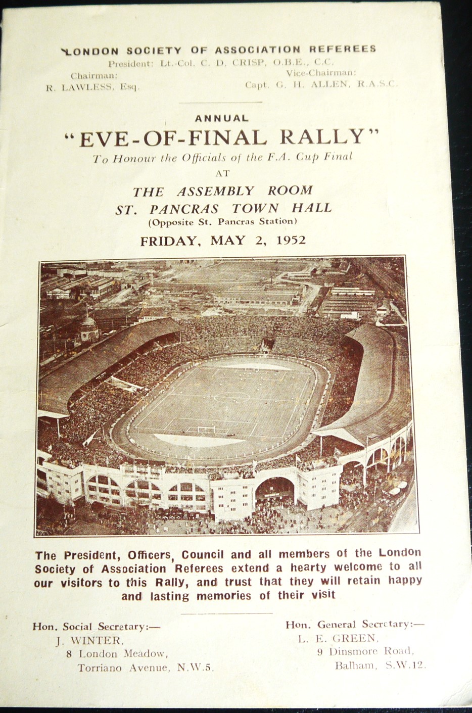 1952 FA CUP FINAL ARSENAL V NEWCASTLE UNITED EVE - OF - RALLY PROGRAMME