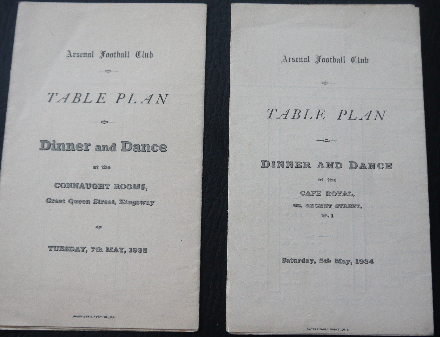 1934 & 1935 ARSENAL MENUS & TABLE PLANS