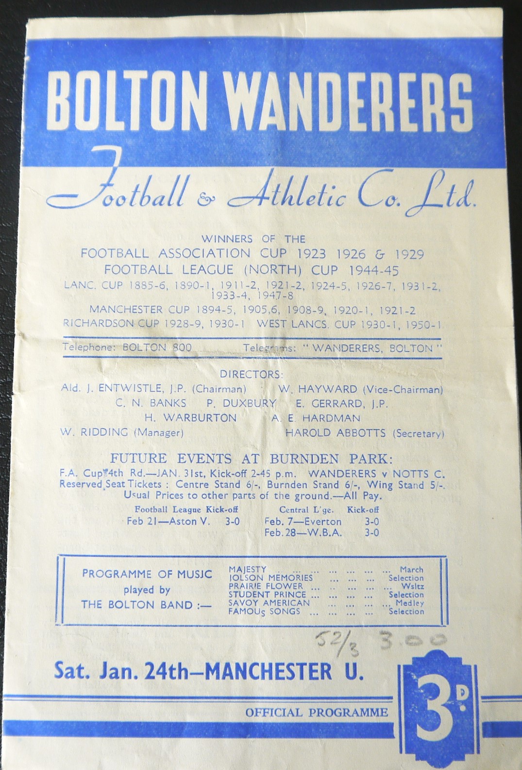 1952-53 BOLTON WANDERERS V MANCHESTER UNITED