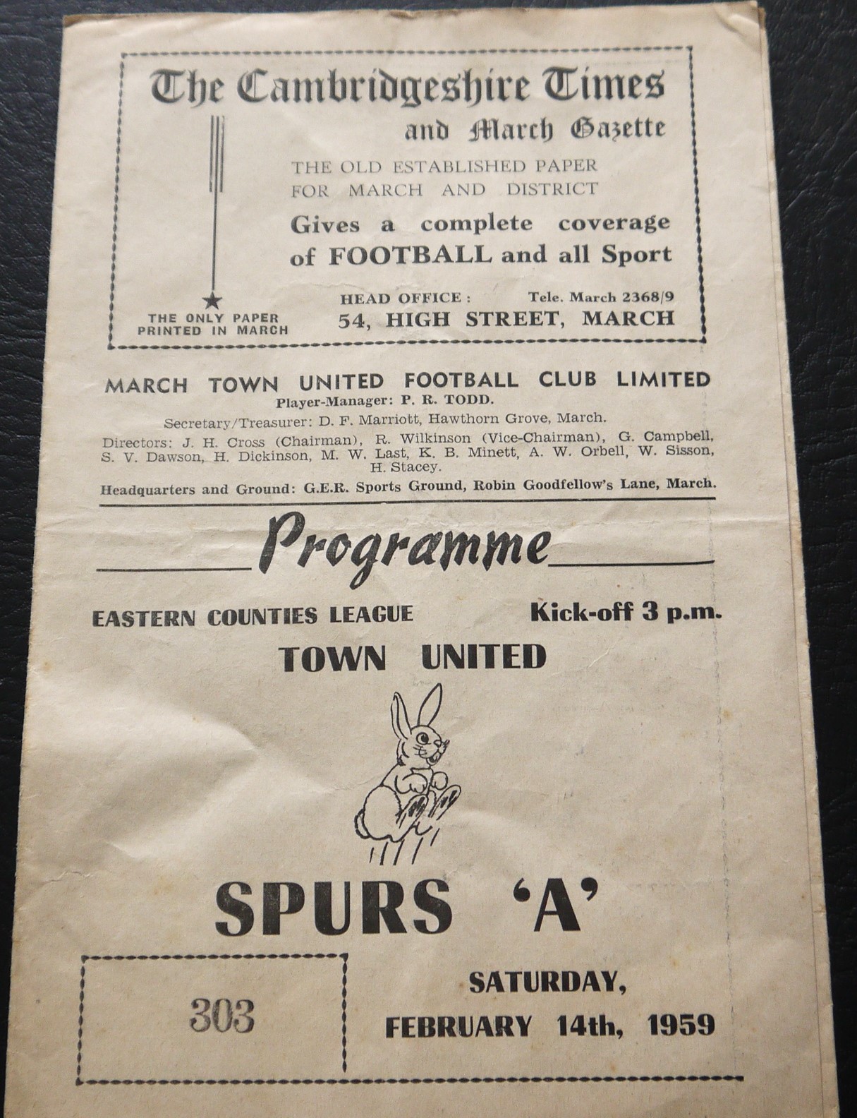 1958-59 MARCH TOWN V TOTTENHAM HOTSPUR 'A'