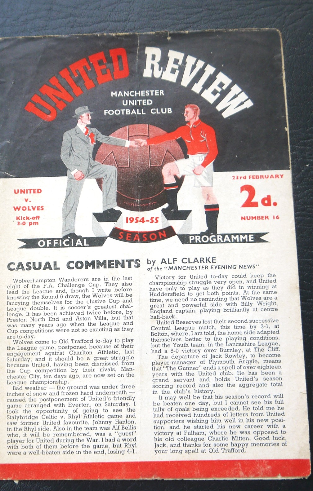 1954-55 MANCHESTER UNITED V WOLVERHAMPTON WANDERERS RARE 4 PAGE PROGRAMME