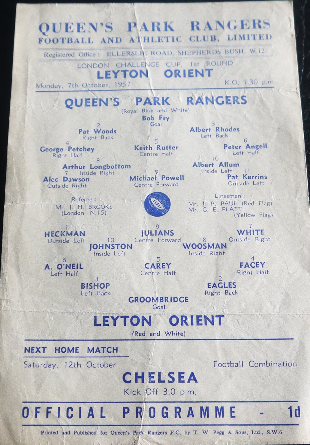 1957-58 QUEENS PARK RANGERS V LEYTON ORIENT LONDON CHALLENGE CUP