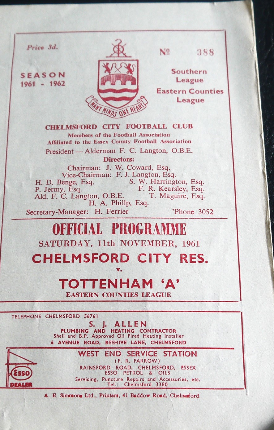 1961-62 CHELMSFORD CITY RESERVES V TOTTENHAM HOTSPUR 'A'