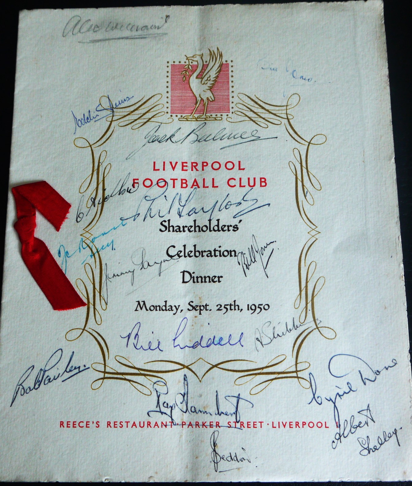 1950 LIVERPOOL SHAREHOLDERS CELEBRATION DINNER MENU WITH SEVERAL SIGNATURES