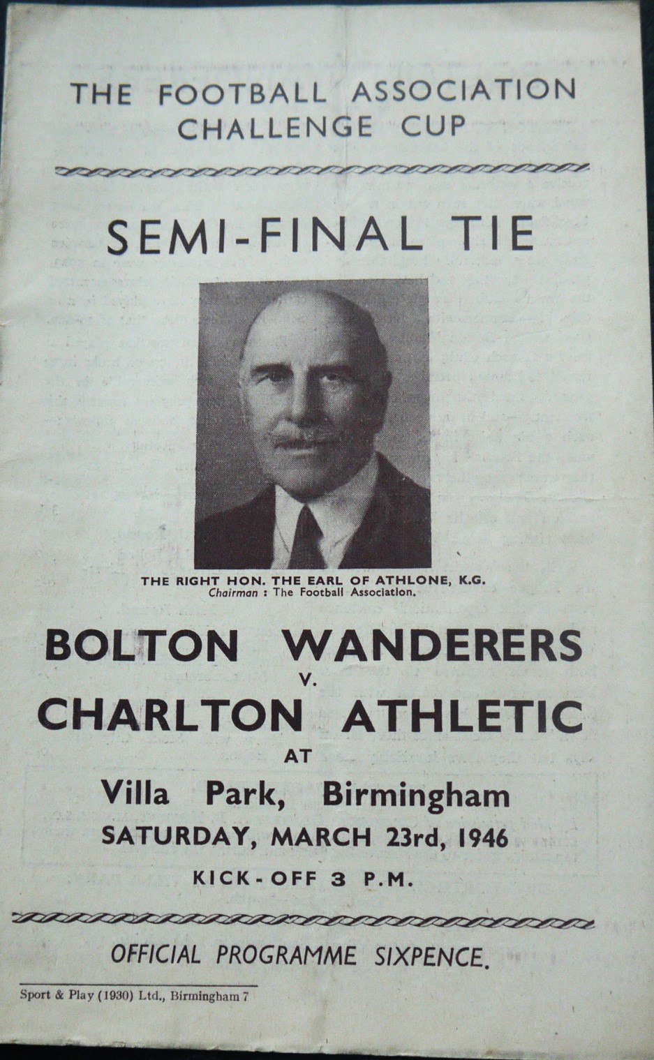 1945-46 FA CUP SEMI-FINAL BOLTON WANDERERS V CHARLTON ATHLETIC