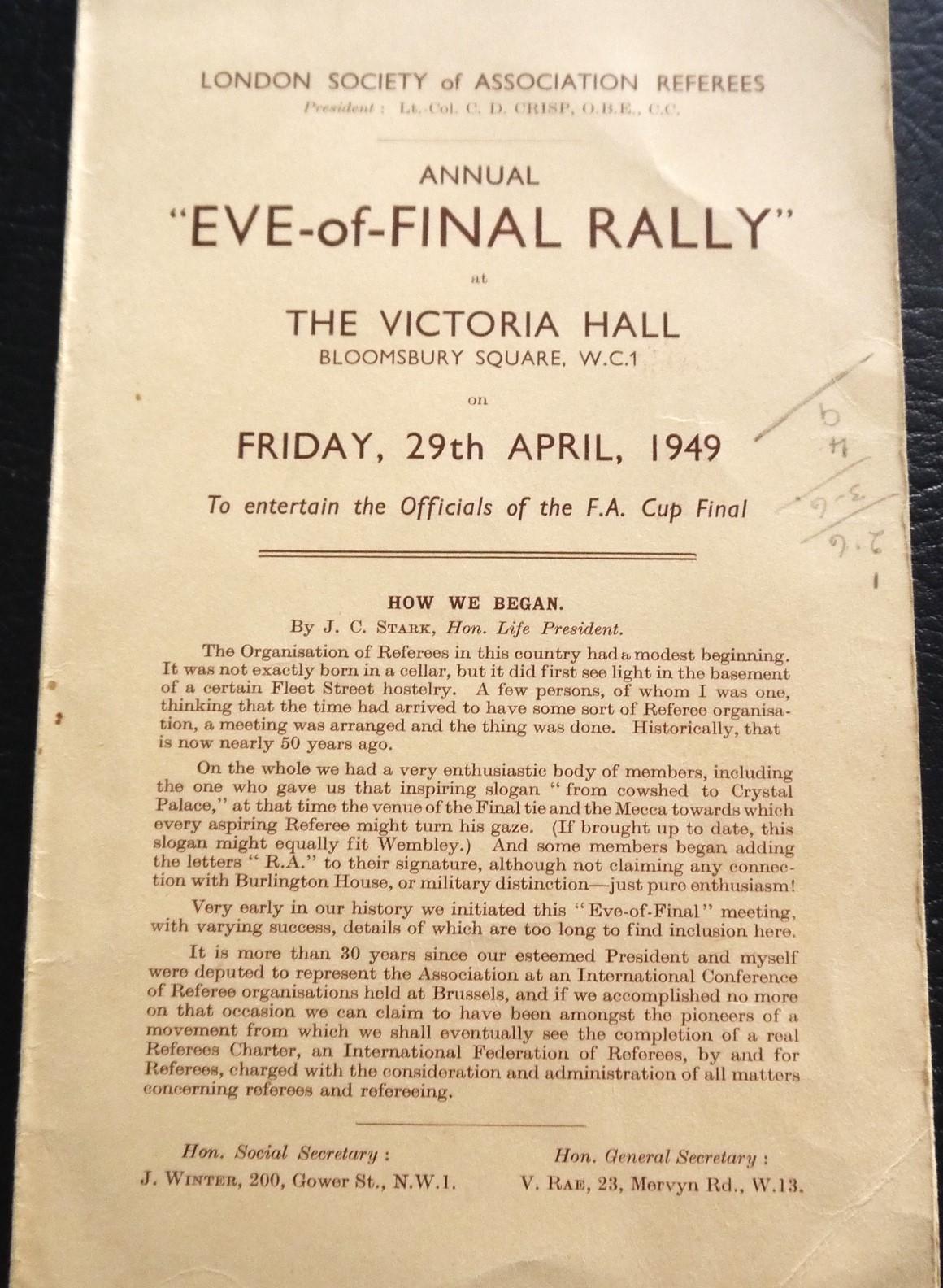 1949 FA CUP FINAL EVE OF THE FINAL RALLY PROGRAMME AUTOGRAPHED BY REFEREE & LINESMAN