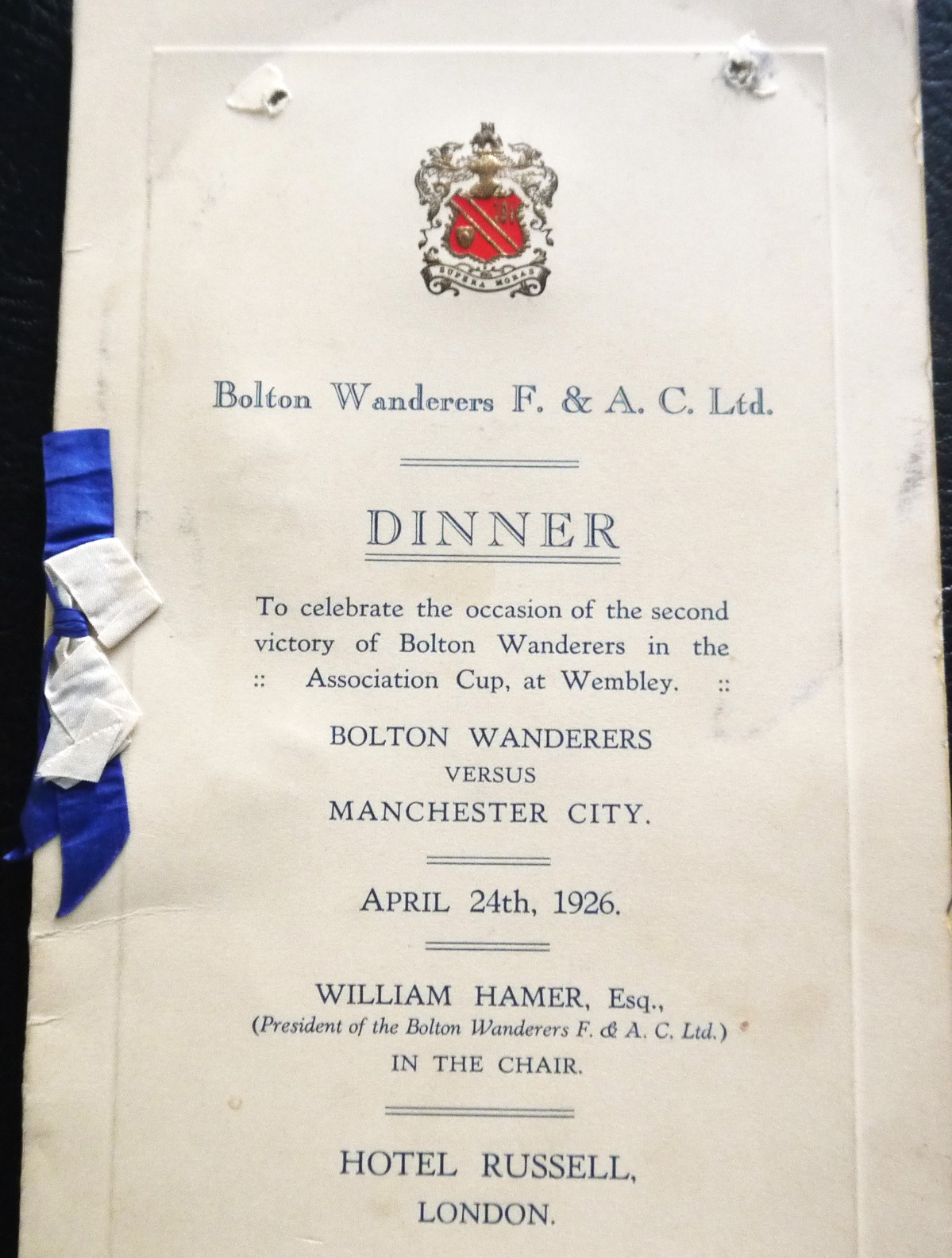 BOLTON WANDERERS 1926 FA CUP FINAL MENU SIGNED BY THE CAPTAIN JOE SMITH