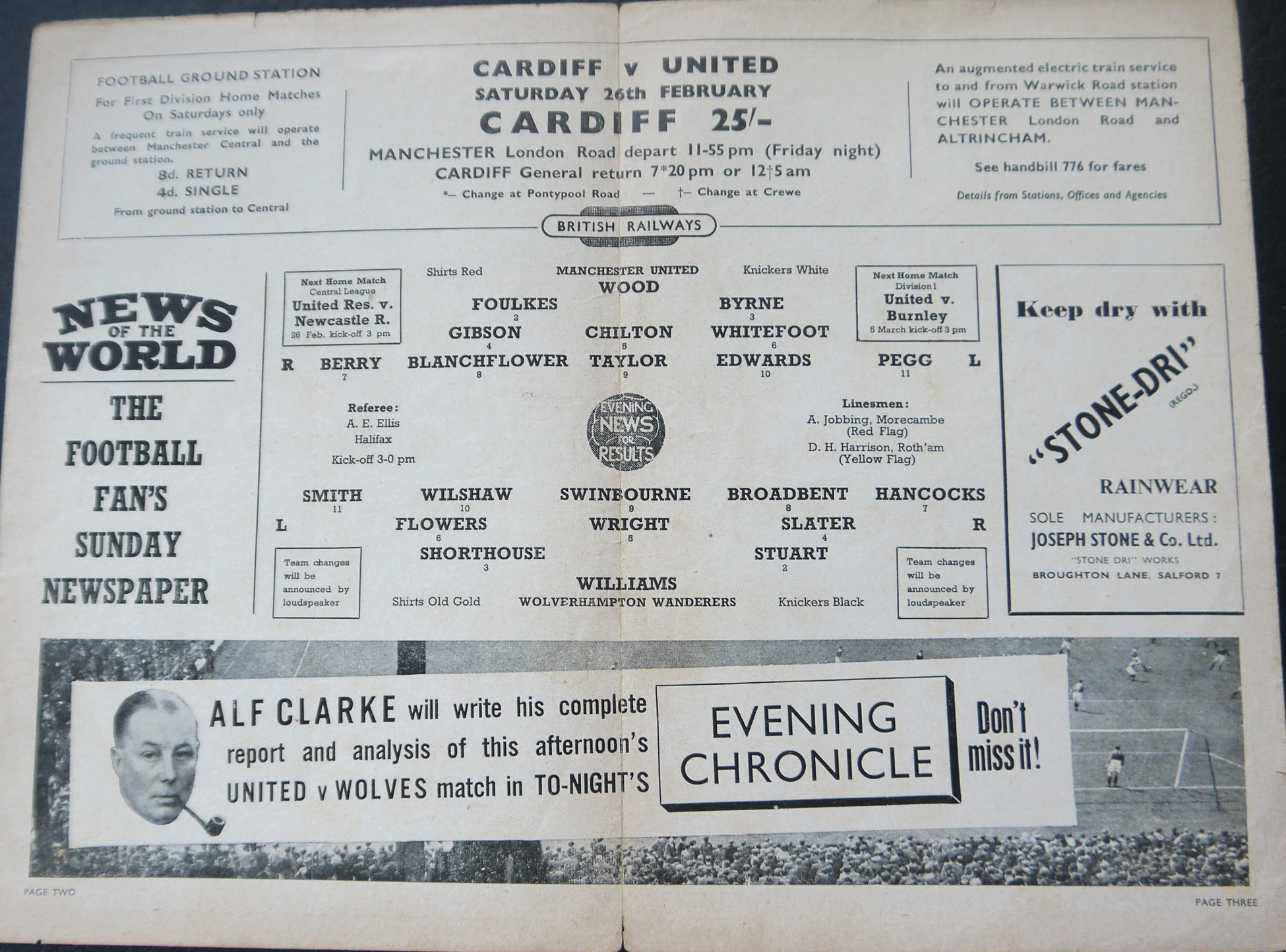 1954-55 MANCHESTER UNITED V WOLVERHAMPTON WANDERERS RARE 4 PAGE PROGRAMME - Image 2 of 2