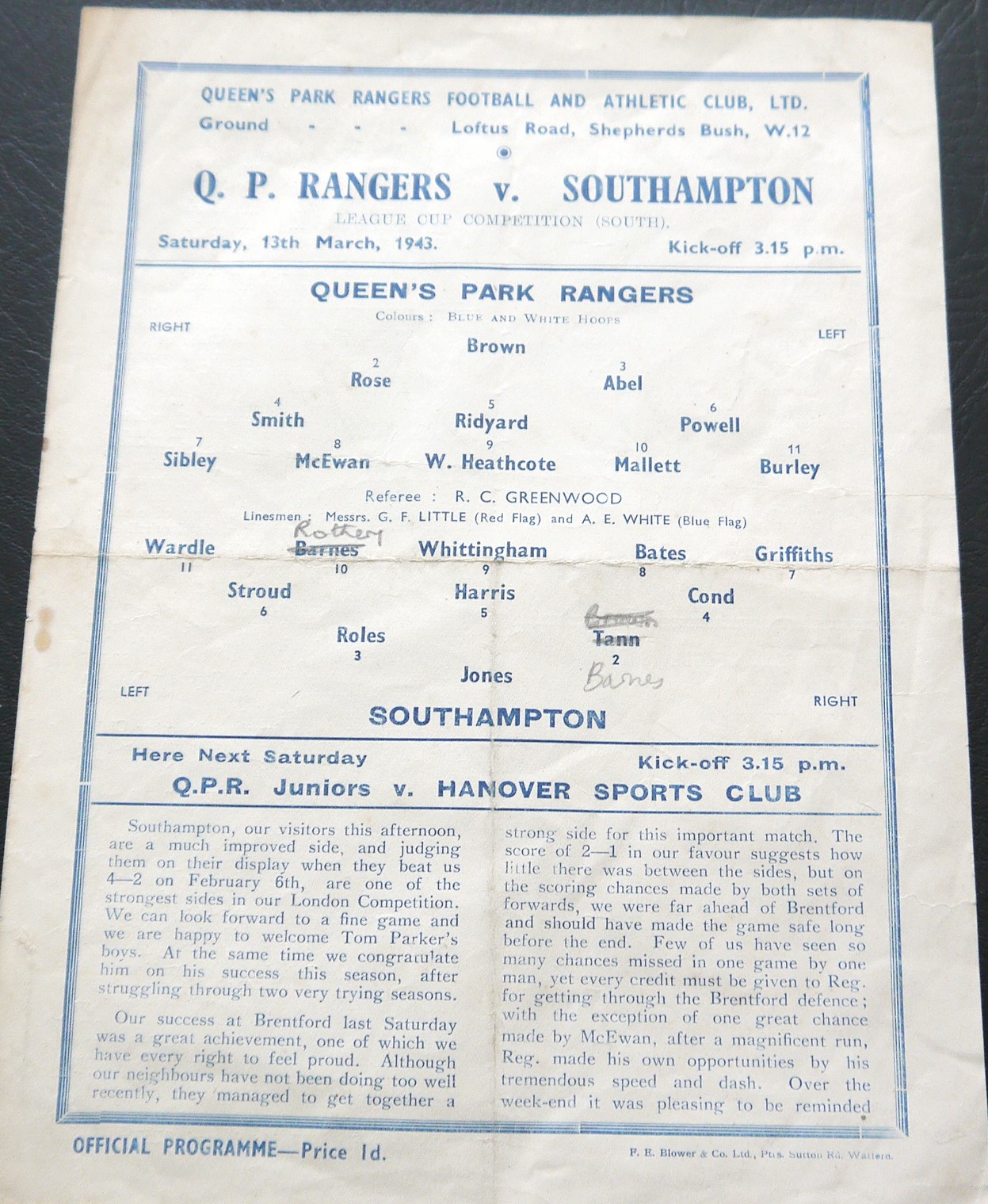 1942-43 QUEENS PARK RANGERS V SOUTHAMPTON WAR CUP