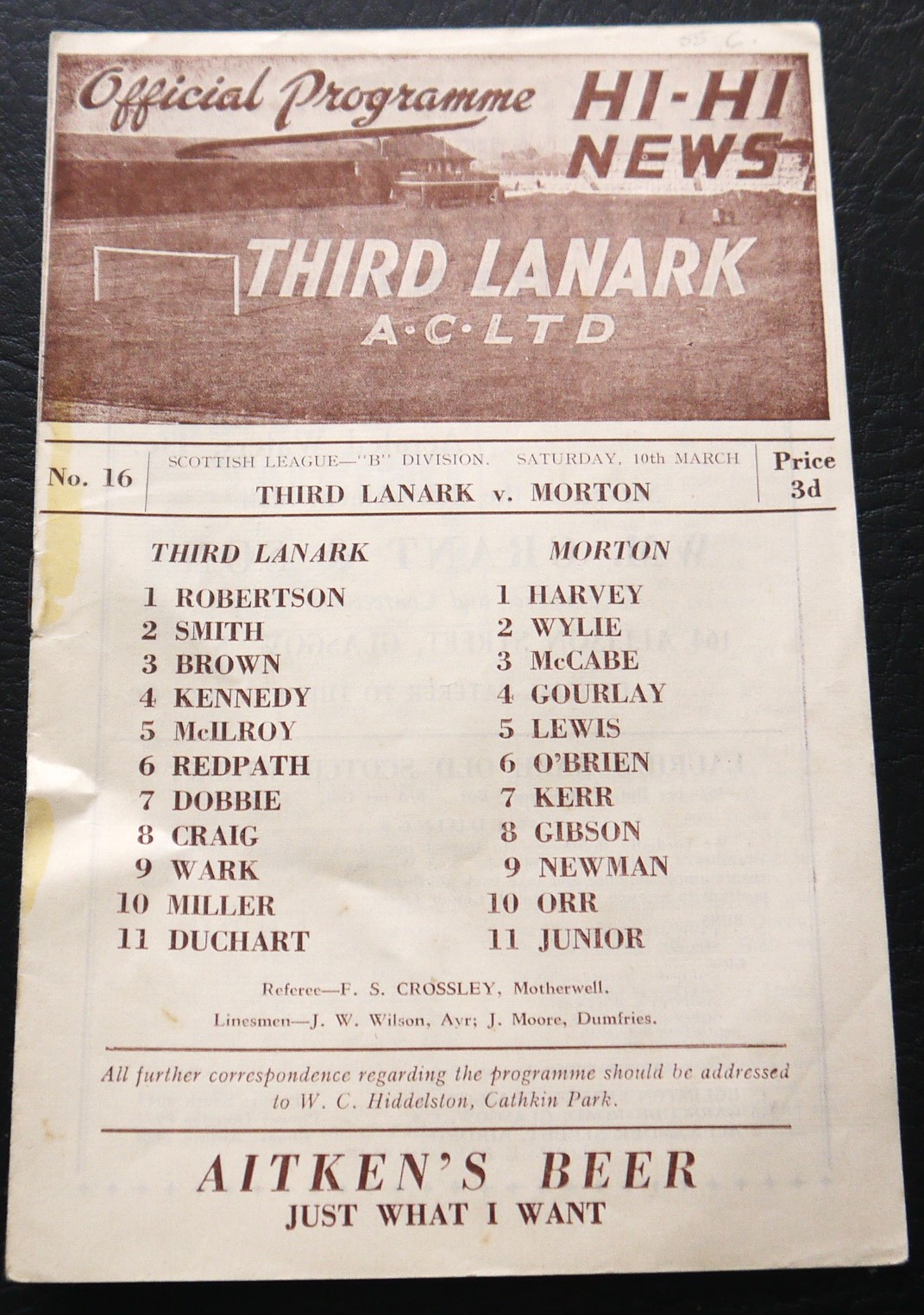 1955-56 THIRD LANARK V MORTON SCOTTISH LEAGUE B