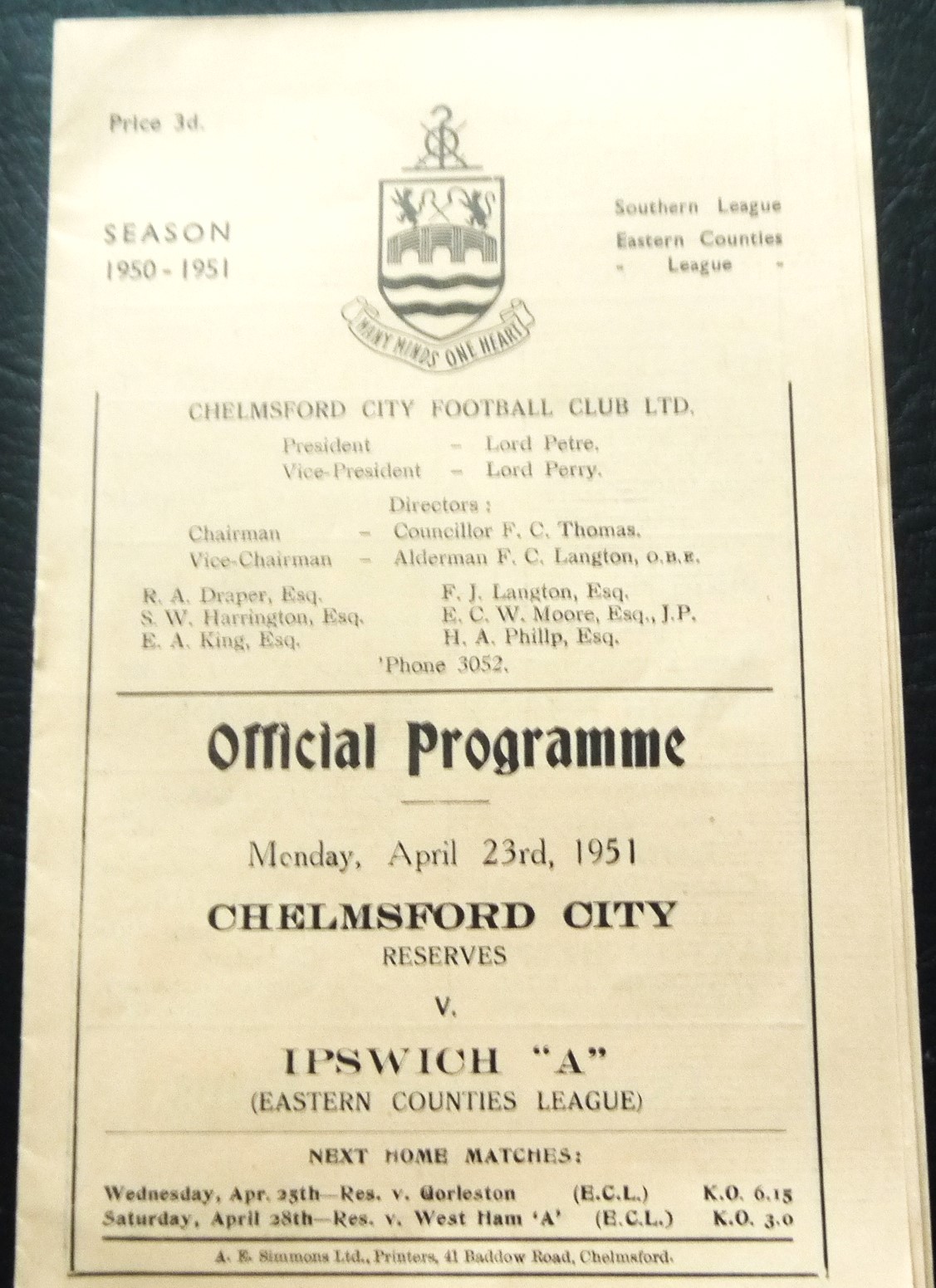 1950-51 CHELMSFORD CITY RESERVES V IPSWICH TOWN 'A'