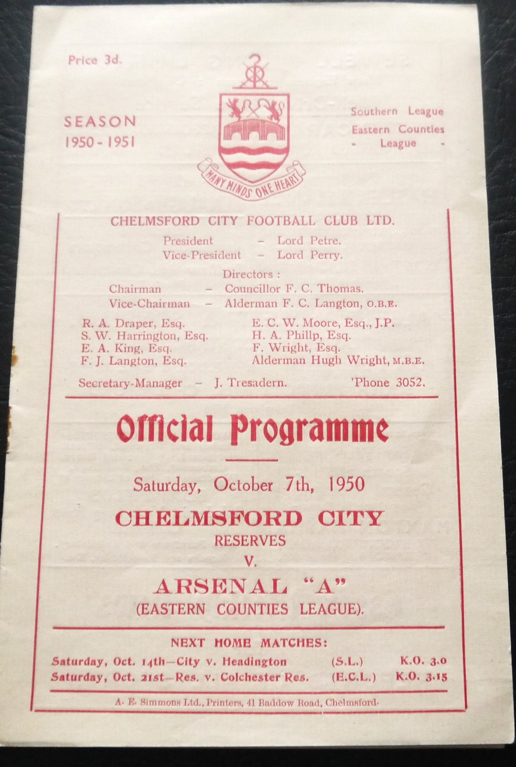 1950-51 CHELMSFORD CITY RESERVES V ARSENAL 'A'