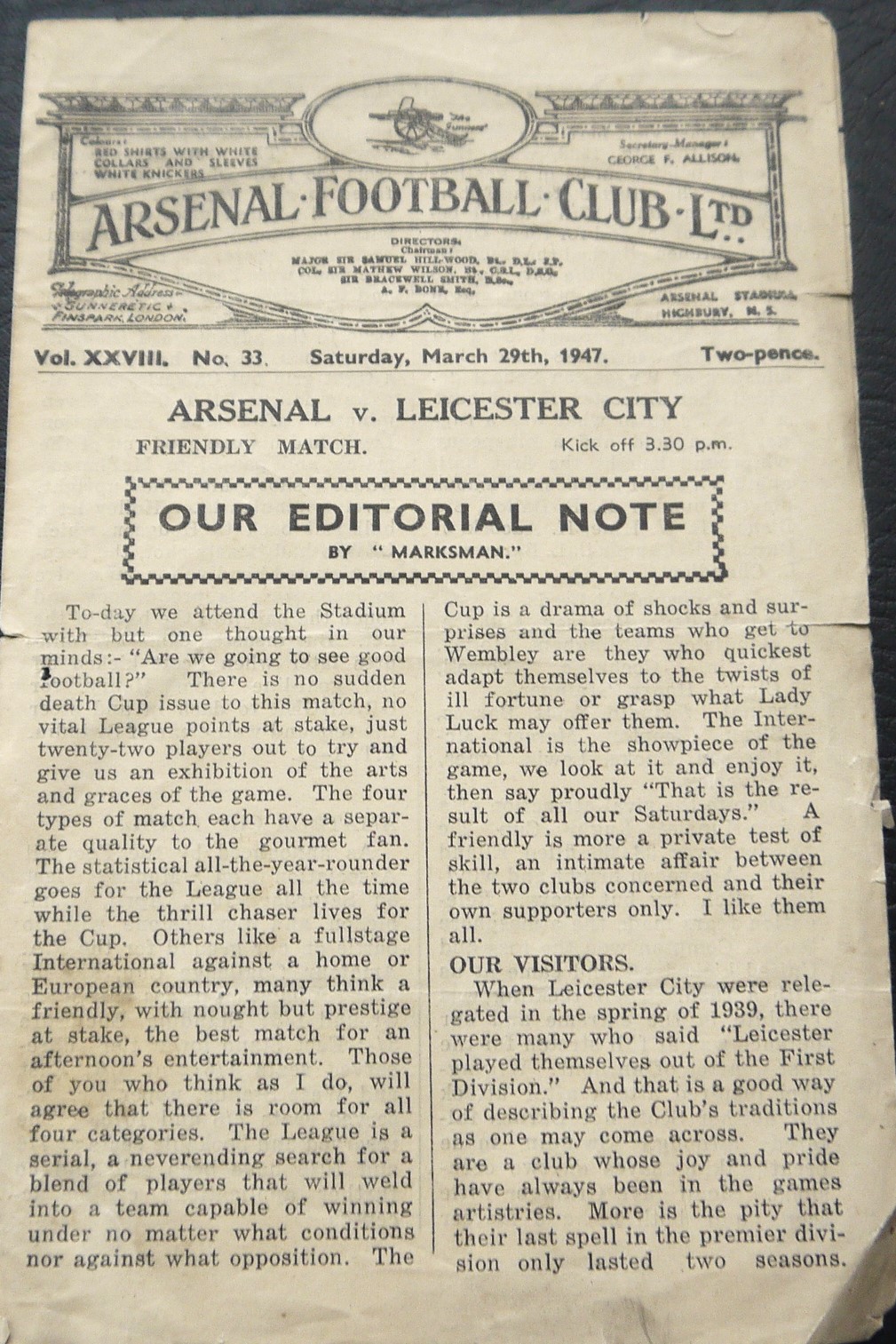 1946-47 ARSENAL V LEICESTER CITY FRIENDLY