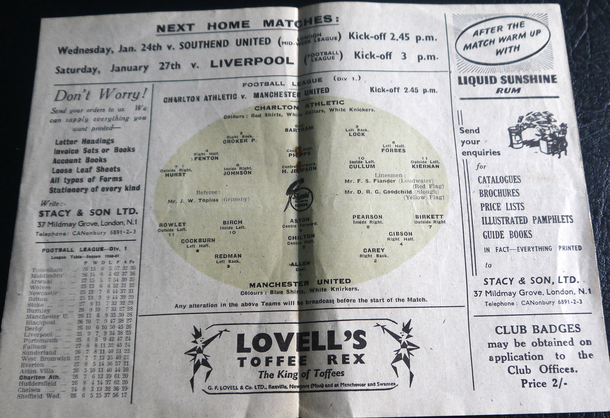 1950-51 CHARLTON ATHLETIC V MANCHESTER UNITED - Image 2 of 2