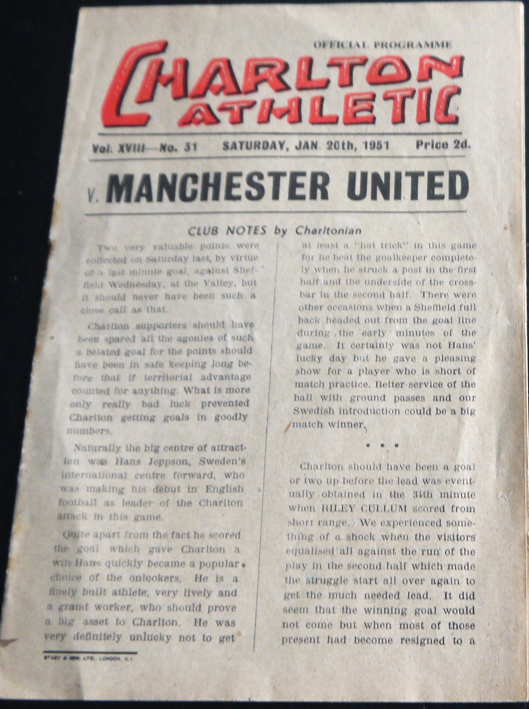 1950-51 CHARLTON ATHLETIC V MANCHESTER UNITED