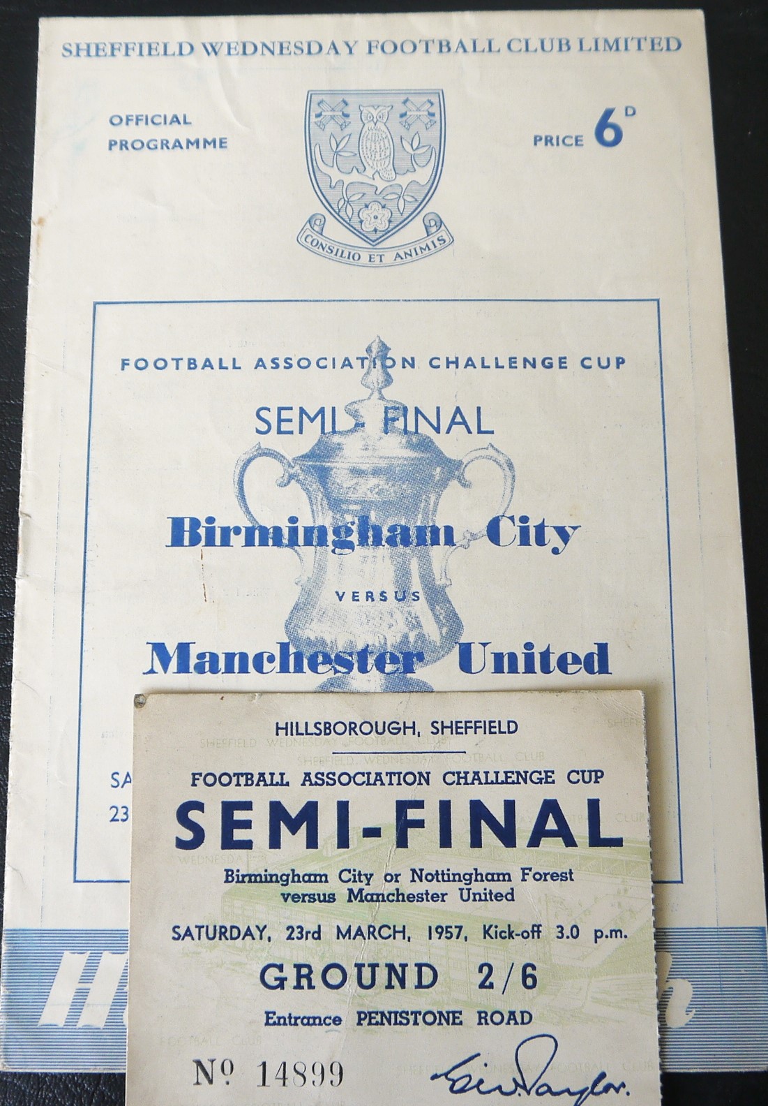 1957 FA CUP S/F BIRMINGHAM CITY V MANCHESTER UNITED PROGRAMME & TICKET