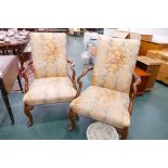 Pair of Victorian style carver armchairs, each with cabriole legs, terminating in pad feet,