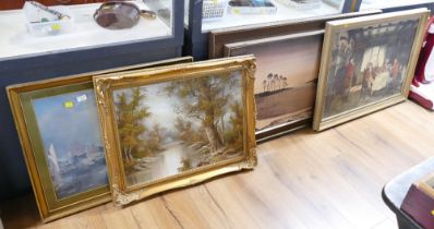 Four large framed pictures, interior scene,