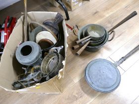 Box of metalware, bed warming pan,