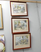 Three framed matching watercolour village scenes