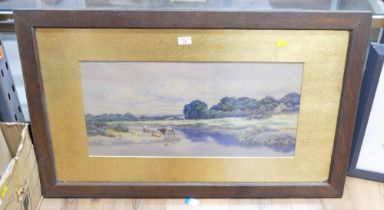 Watercolour of cattle watering signed H Chambers, in heavy oak frame,