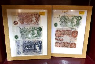 Two framed Bank of England banknotes