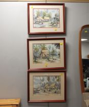 Three watercolours of rural tropical scenes,