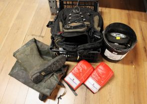 Box of wheels and quantity of wading boots, backpack,